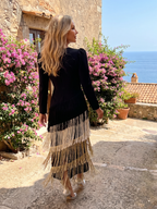 Amparo | Vestido midi manga larga con flecos en la falda