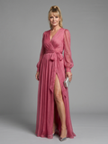 Rosario | Vestido maxi manga larga cruzado con vuelo transparente