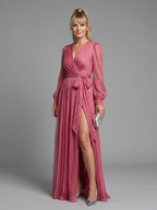 Rosario | Vestido maxi manga larga cruzado con vuelo transparente