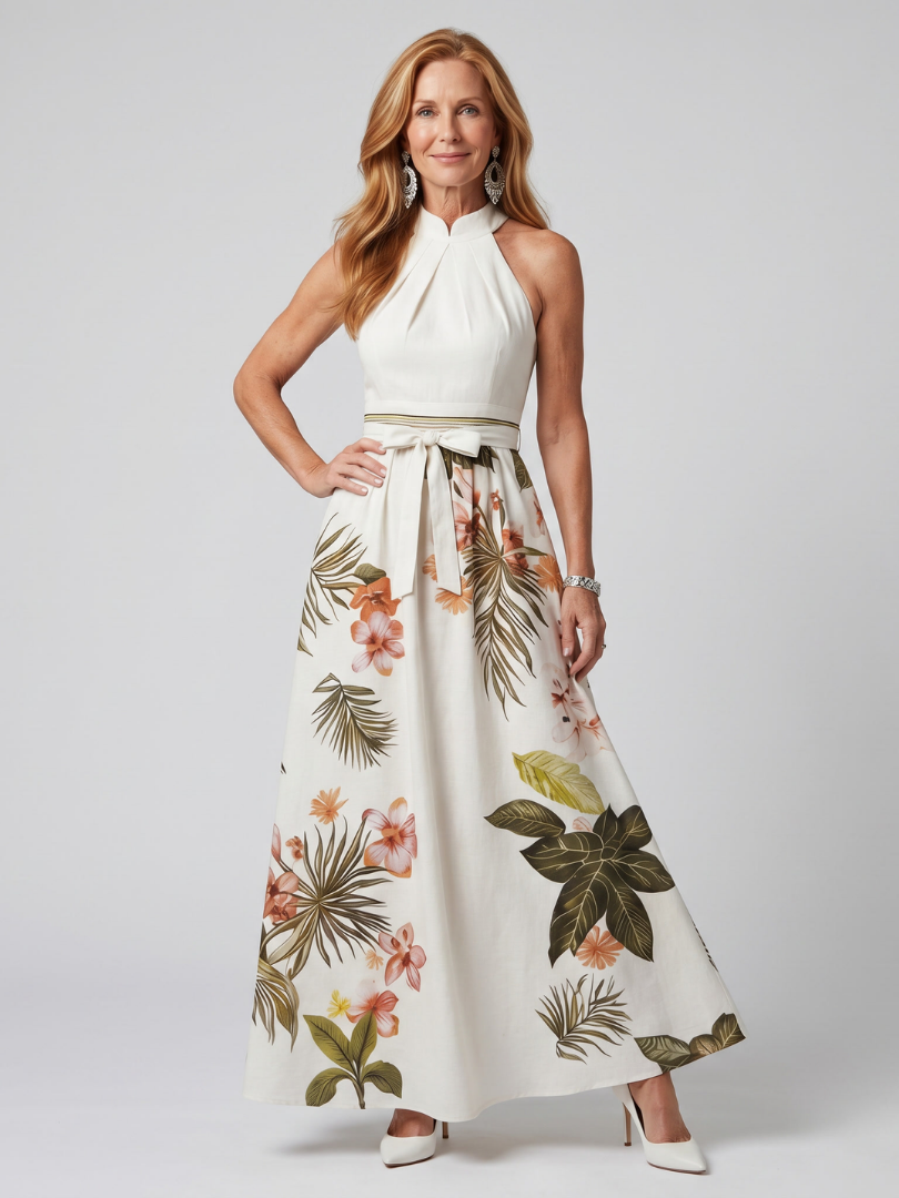 Concepción | Vestido maxi halter drapeado con panel botánico