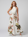Concepción | Vestido maxi halter drapeado con panel botánico