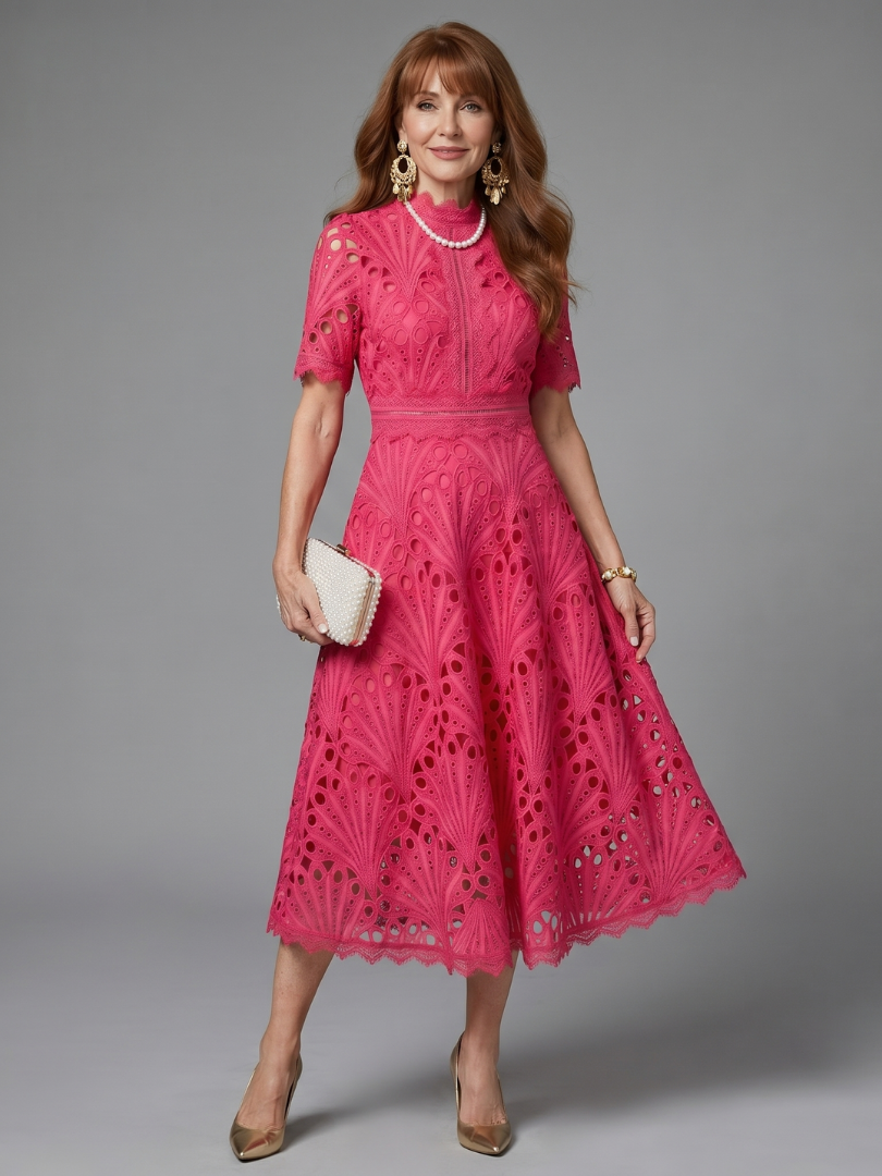 Inmaculada | Vestido midi manga corta encaje cintura definida