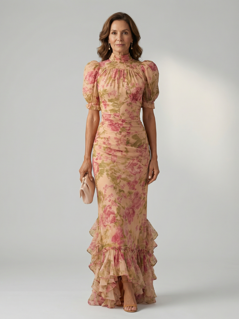 Visitación | Vestido midi cuello alto manga corta silueta ajustada