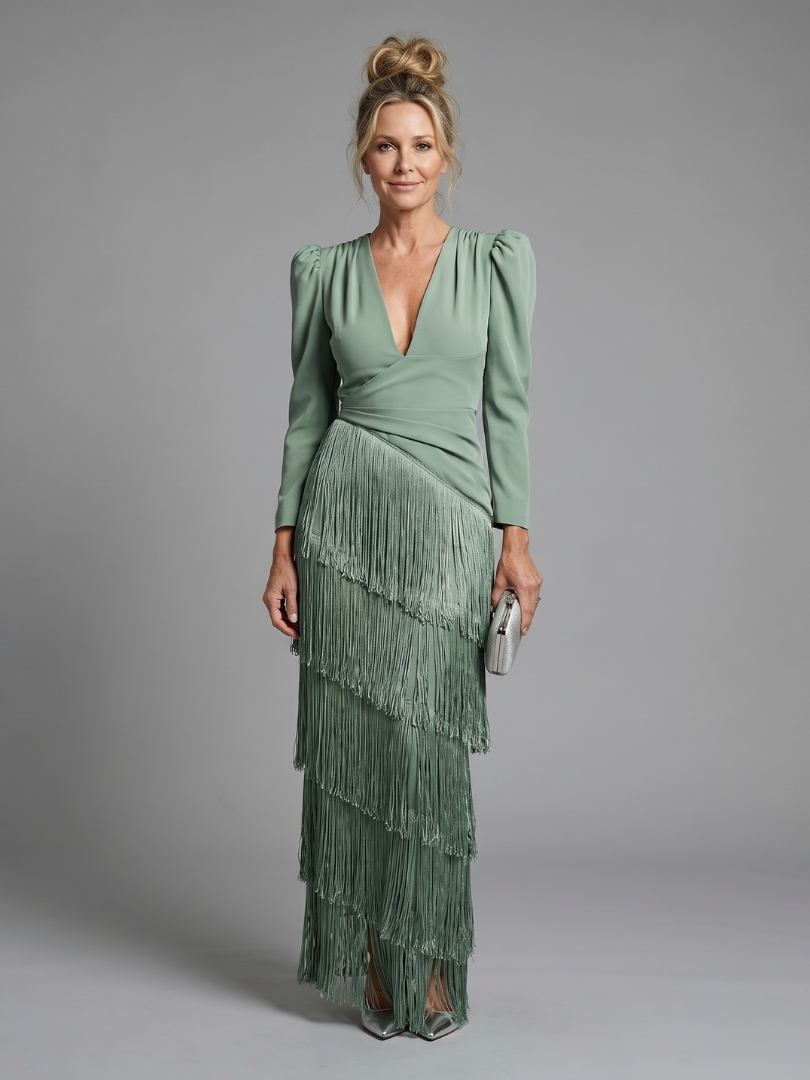 Amparo | Vestido midi manga larga con flecos en la falda