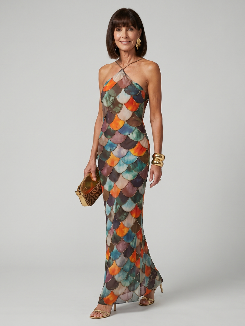 Purificación | Vestido maxi halter ajustado estampado multicolor