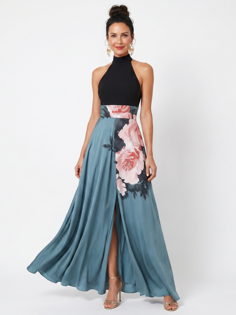 Soledad | Vestido maxi halter cuerpo ajustado falda floral