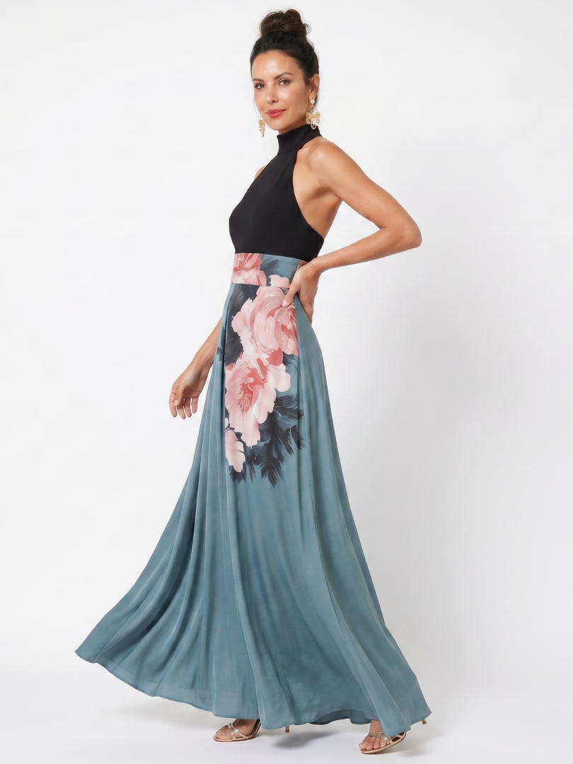 Soledad | Vestido maxi halter cuerpo ajustado falda floral