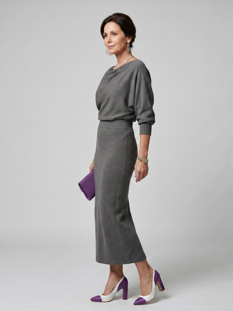 Encarna | Vestido midi escote drapeado falda ajustada