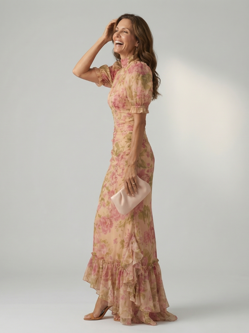 Visitación | Vestido midi cuello alto manga corta silueta ajustada