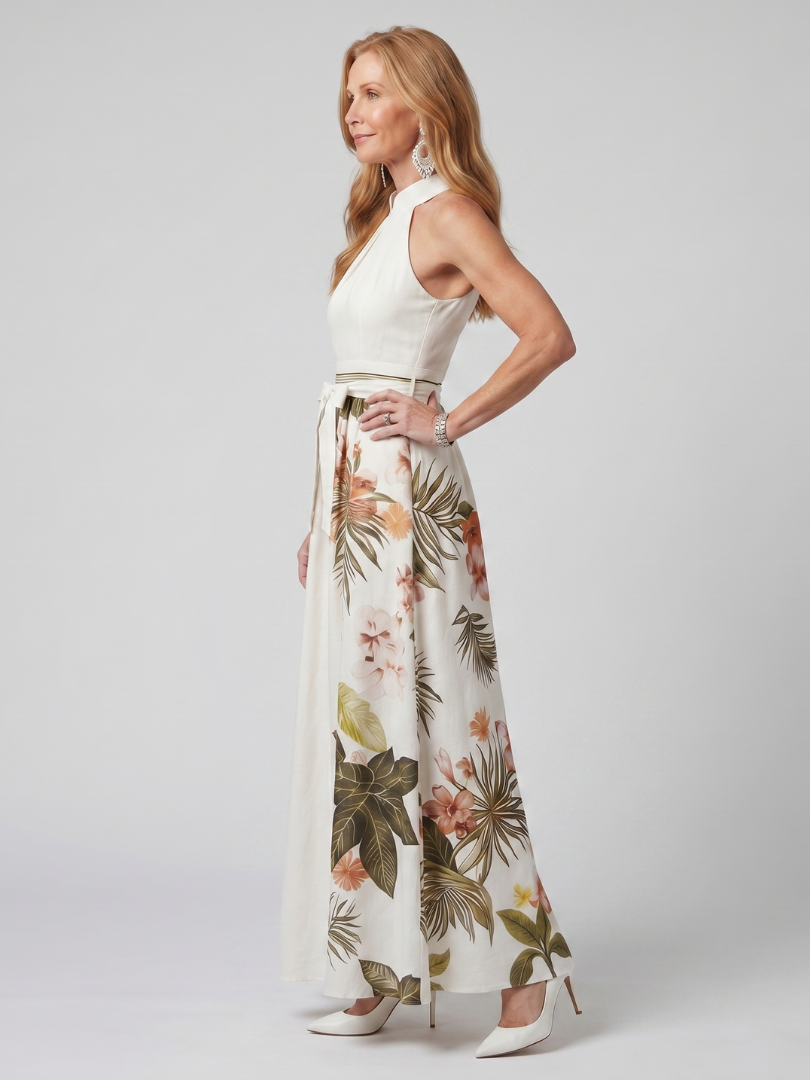 Concepción | Vestido maxi halter drapeado con panel botánico