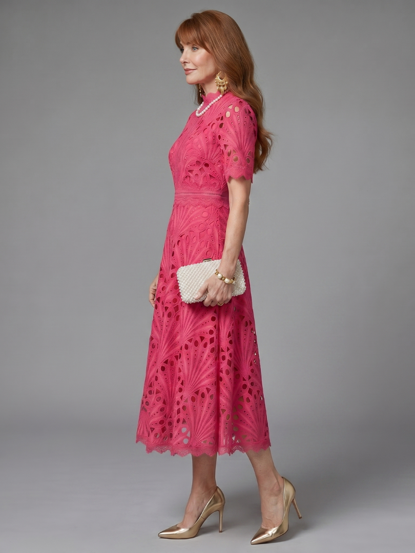 Inmaculada | Vestido midi manga corta encaje cintura definida