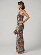 Purificación | Vestido maxi halter ajustado estampado multicolor