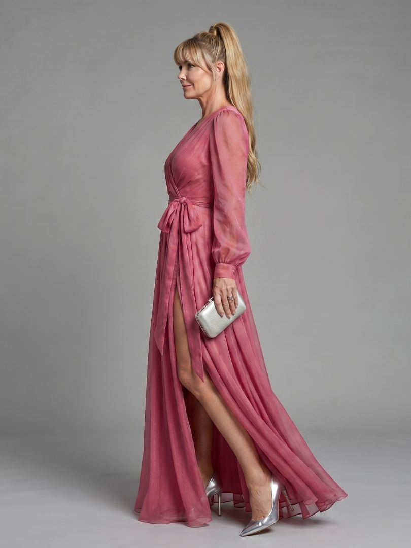 Rosario | Vestido maxi manga larga cruzado con vuelo transparente