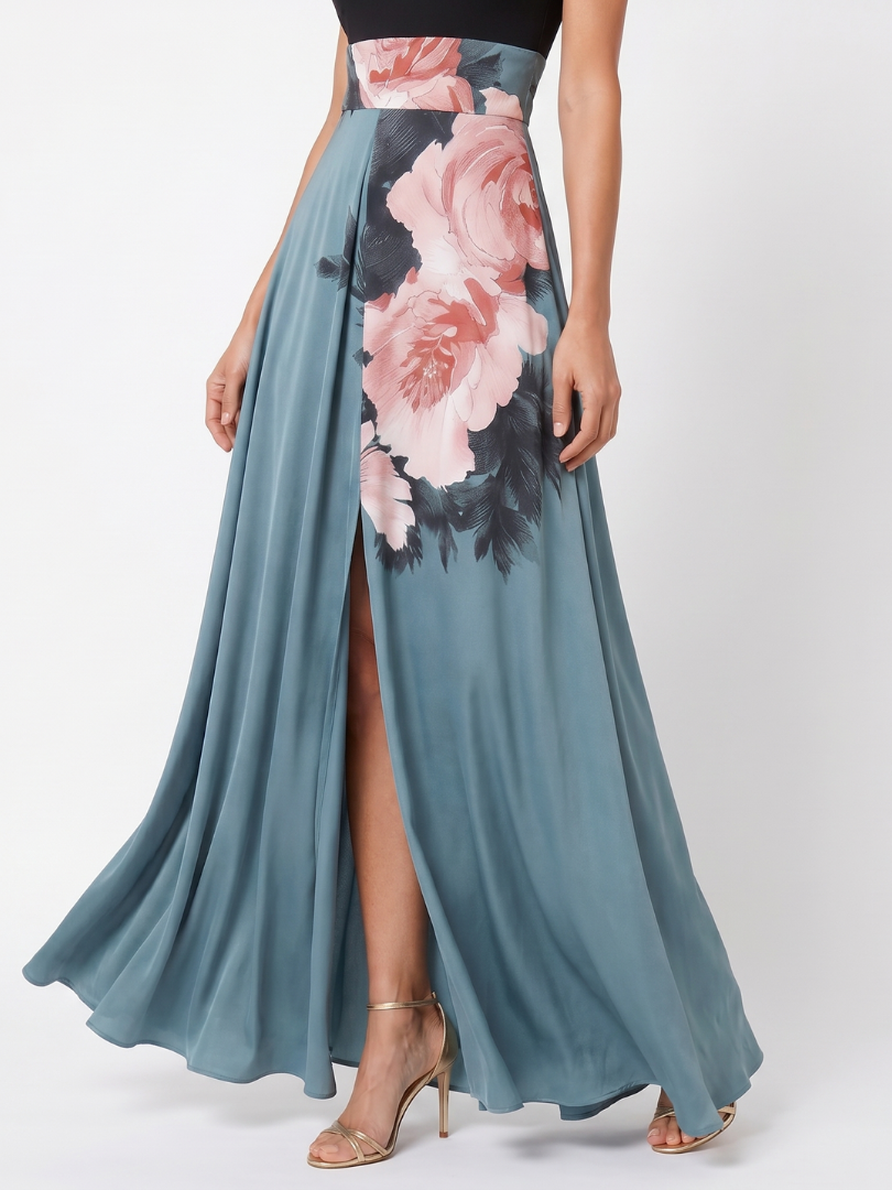 Soledad | Vestido maxi halter cuerpo ajustado falda floral