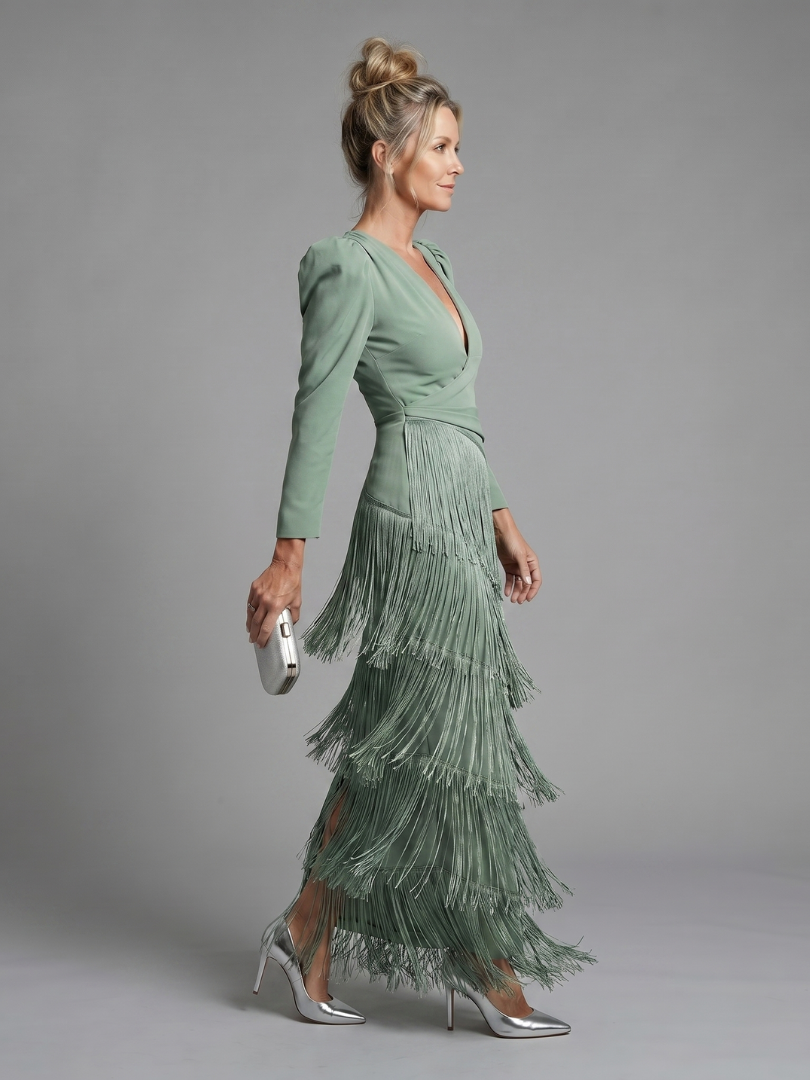 Amparo | Vestido midi manga larga con flecos en la falda