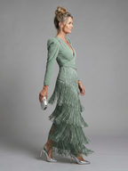Amparo | Vestido midi manga larga con flecos en la falda