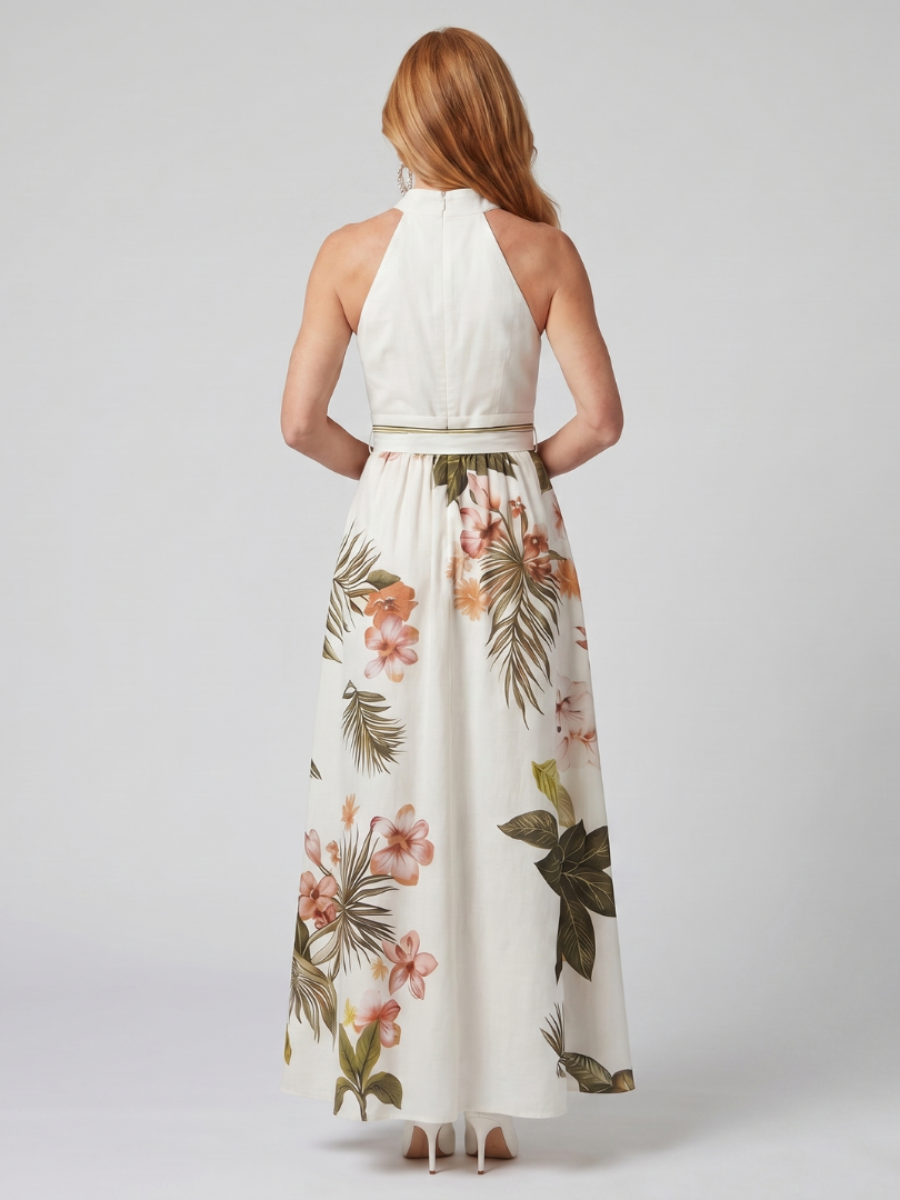 Concepción | Vestido maxi halter drapeado con panel botánico