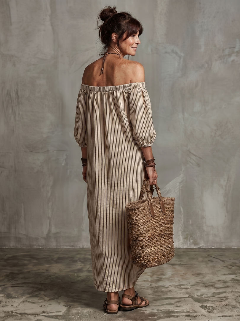 Virtudes | Vestido maxi hombros descubiertos estampado de rayas