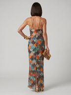 Purificación | Vestido maxi halter ajustado estampado multicolor