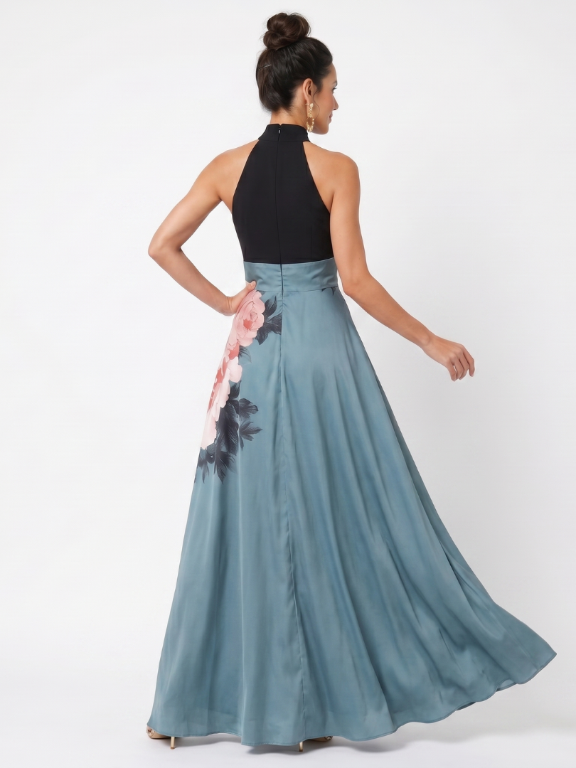 Soledad | Vestido maxi halter cuerpo ajustado falda floral