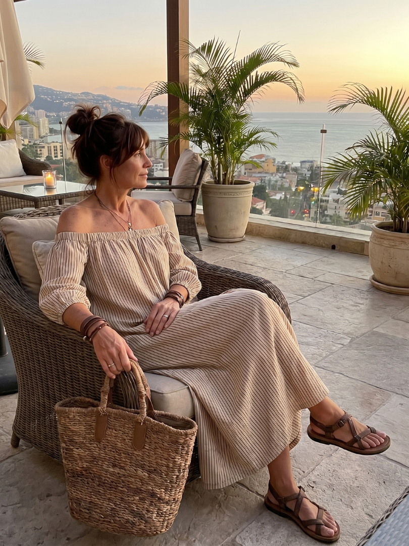 Virtudes | Vestido maxi hombros descubiertos estampado de rayas