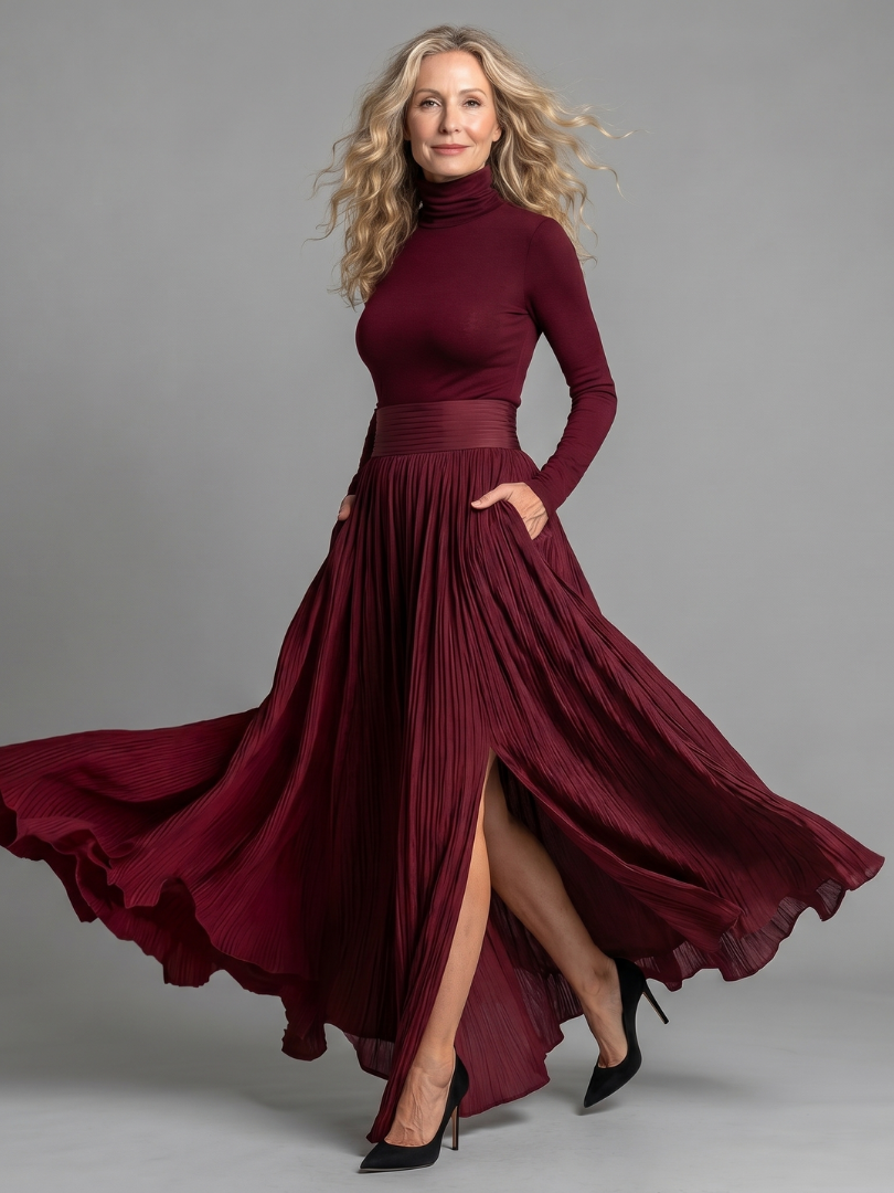 Concha | Vestido midi cuello alto manga larga cintura definida