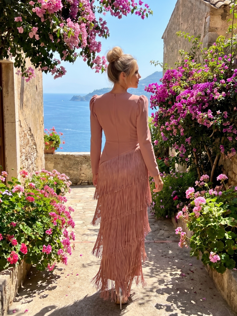 Amparo | Vestido midi manga larga con flecos en la falda