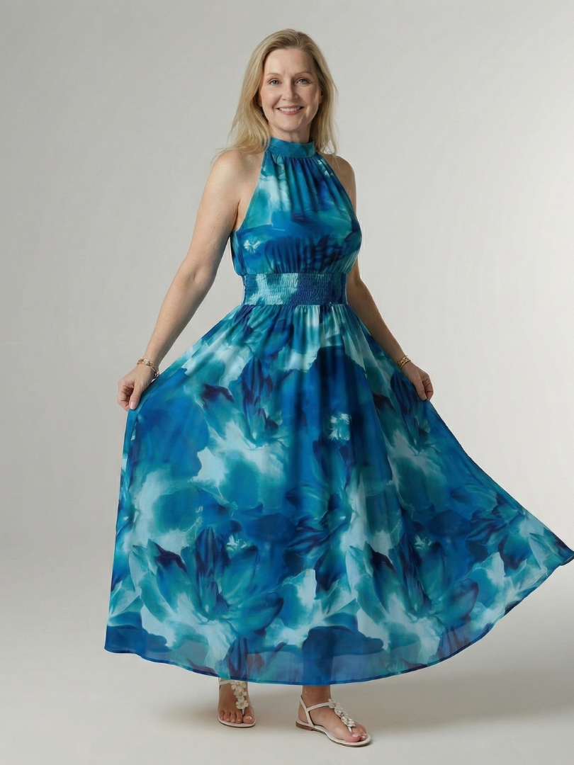 Remedios | Vestido midi halter con fruncido en la cintura