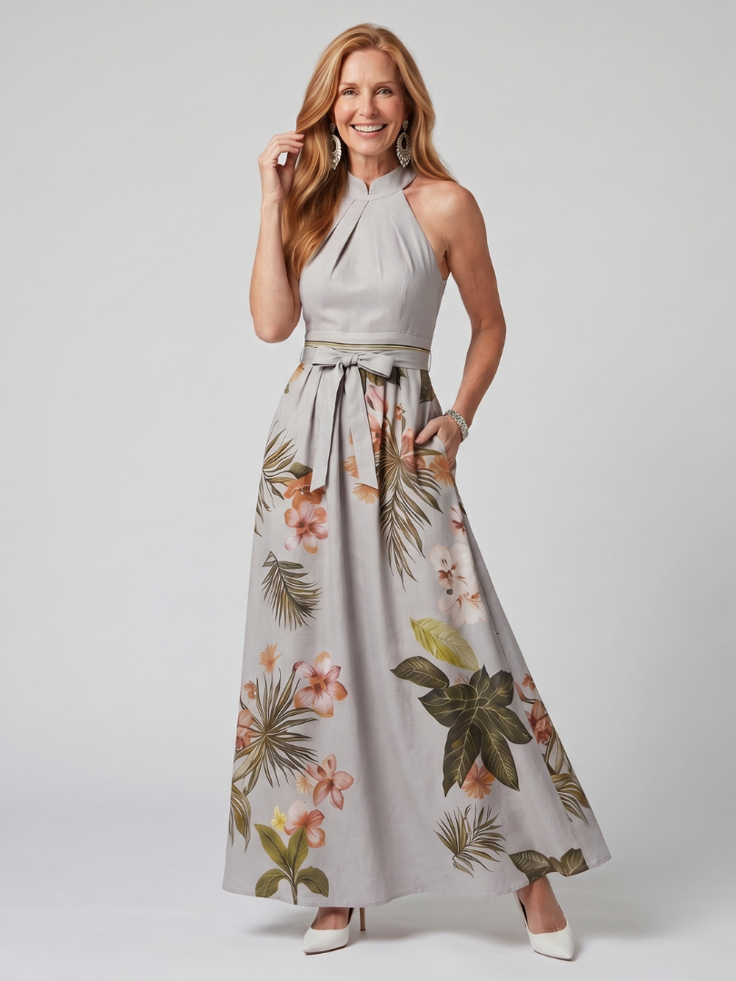 Concepción | Vestido maxi halter drapeado con panel botánico