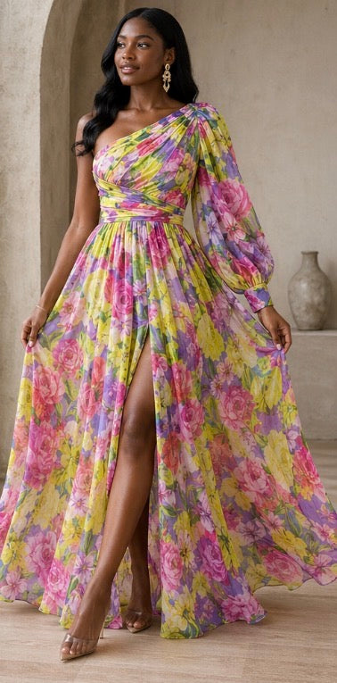 Mabel | Vestido maxi drama floral con mangas largas
