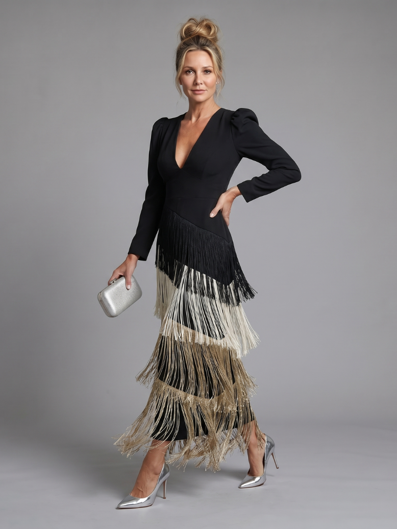 Amparo | Vestido midi manga larga con flecos en la falda