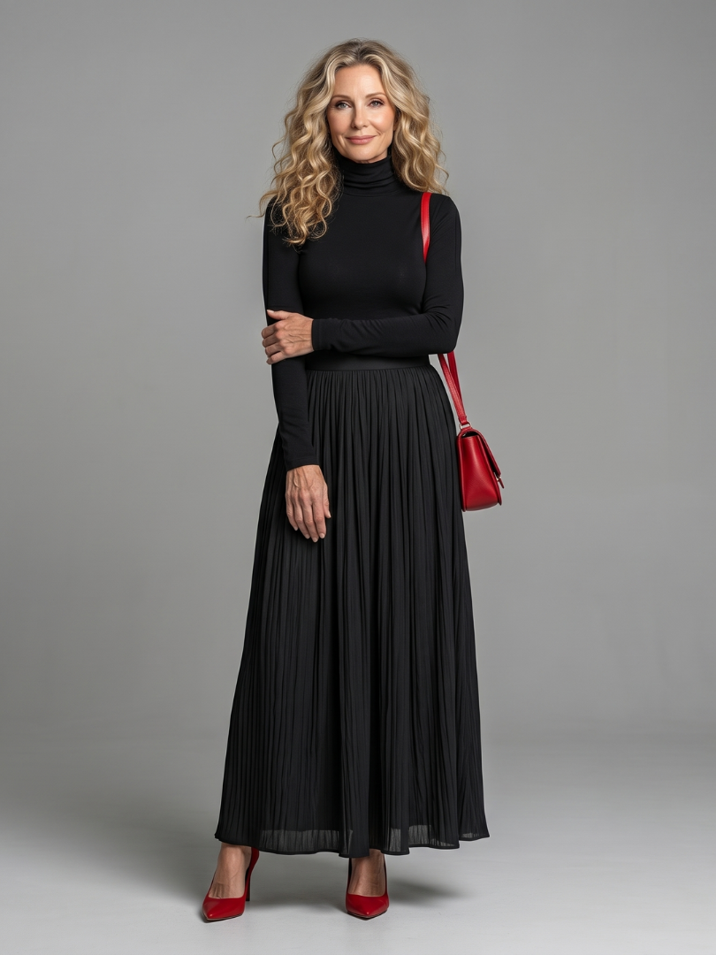 Concha | Vestido midi cuello alto manga larga cintura definida