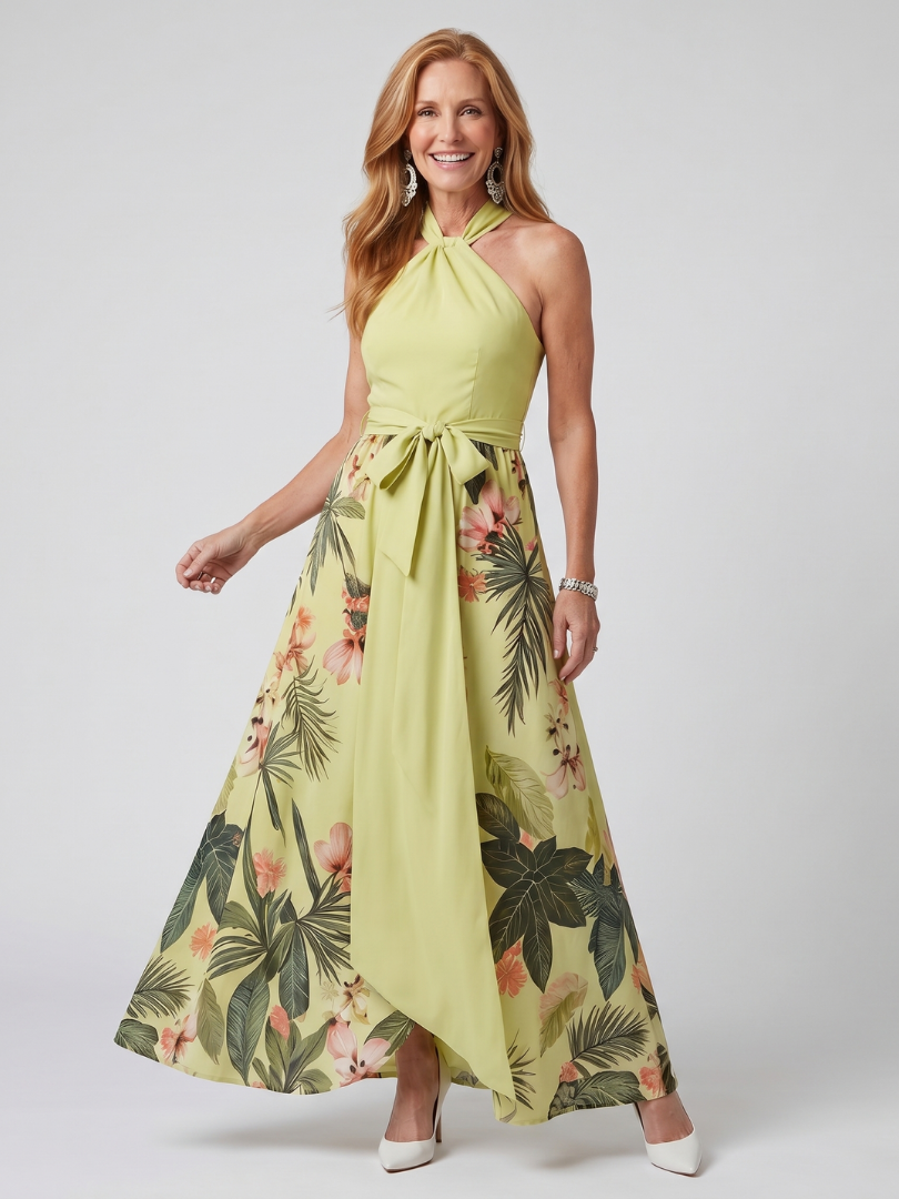Concepción | Vestido maxi halter drapeado con panel botánico